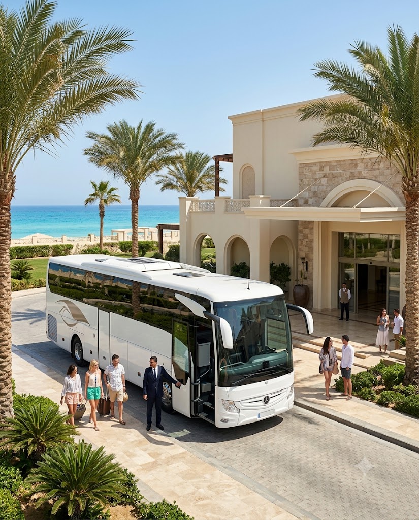 Mercedes 50 Seater Tourist Bus Rental with Professional Driver from Cairo to North Coast, Marassi, Almaza Bay and Ras El Hekma