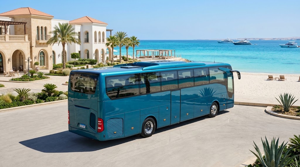 Mercedes 50-Seater Bus Rental for a Same-Day Round Trip from Cairo to New Alamein Turquoise Beach
